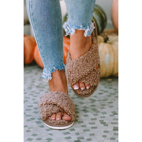 Azura Exchange  Brown Teddy Fur Cross Straps Home Slippers - Picture 2 of 13